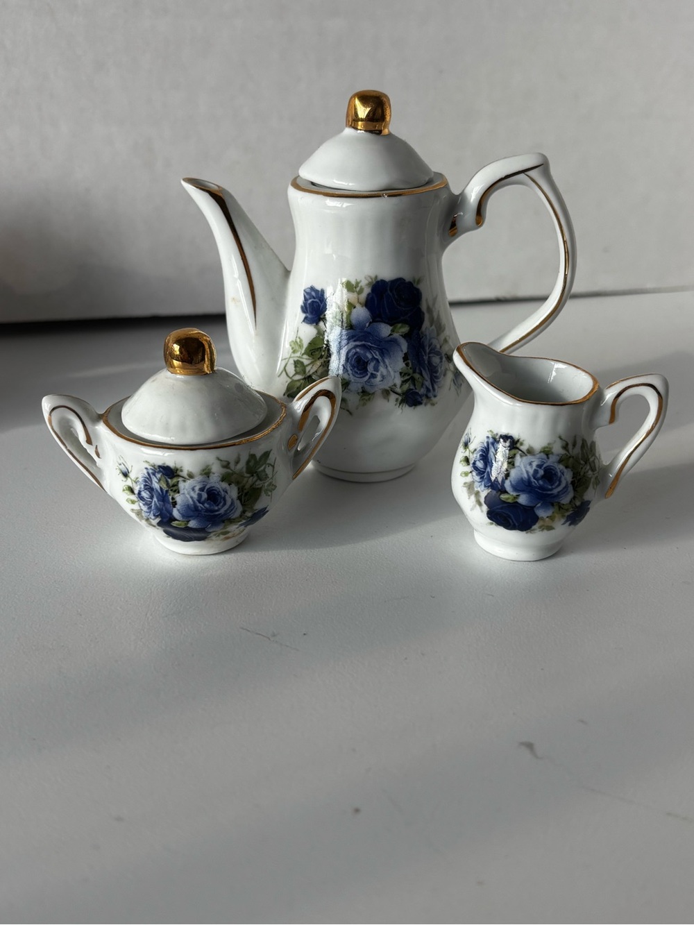 Vintage Miniature Porcelain Blue Rose Tea Set